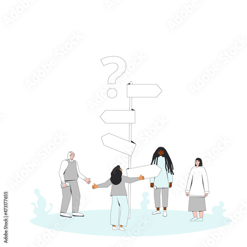 Thoughtful people standing at signpost. Decision. Choose the right way.