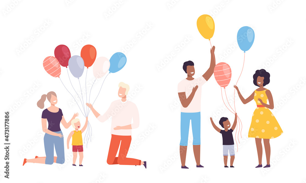 Naklejka premium Family Weekend with Mother and Father Walking with Kids Holding Bunch of Colorful Balloons Vector Set