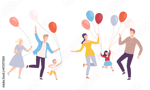 Family Weekend with Mother and Father Walking with Kids Holding Bunch of Colorful Balloons Vector Set