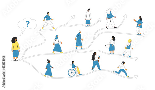 Young woman standing at crossroads. Decision. Choose the right way.