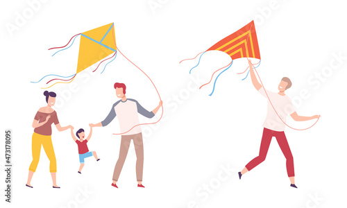 Happy Family with Kid Walking Flying Kite Vector Set