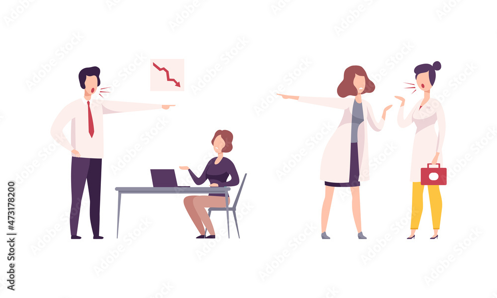 Angry Man and Woman Chief Yelling at Employee and Subordinate Vector Set