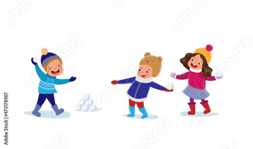 Vector kids playing snowball at winter outdoors