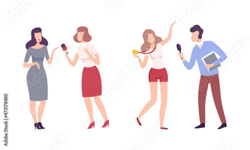 Man and Woman Journalist Interviewing People Character Vector Set