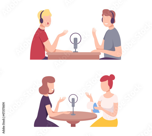 Man and Woman Journalist Interviewing People Character Vector Set