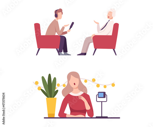 Man and Woman Journalist Interviewing People Character Vector Set
