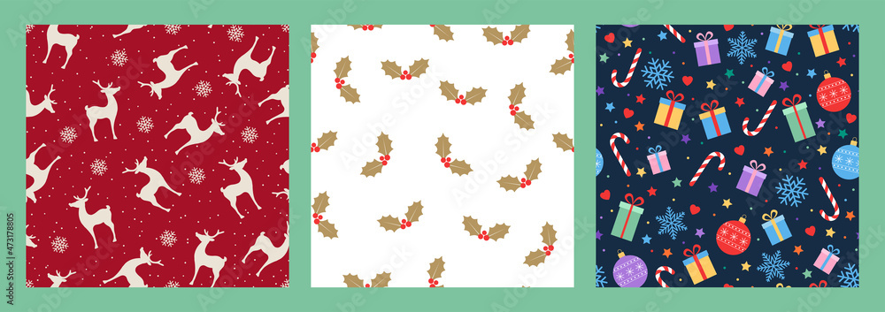 Vector set seamless background. Deers and snowflakes , gold holly leaves and berries, Christmas balls. Design for gift wrapping paper, fabric, clothes, textile, wallpaper. Vector set seamless background. Deers and snowflakes , gold holly leaves and berries, Christmas balls. Design for gift wrapping paper, fabric, clothes, textile, wallpaper.