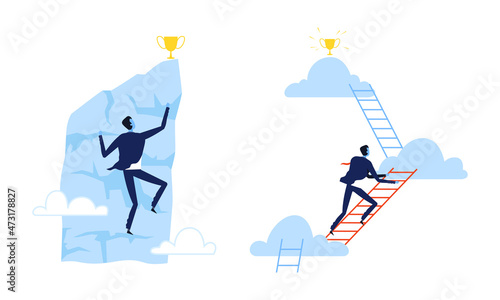 Achieving Goal with Business Man Climbing Mountain and Ladder to Gain Award Vector Set