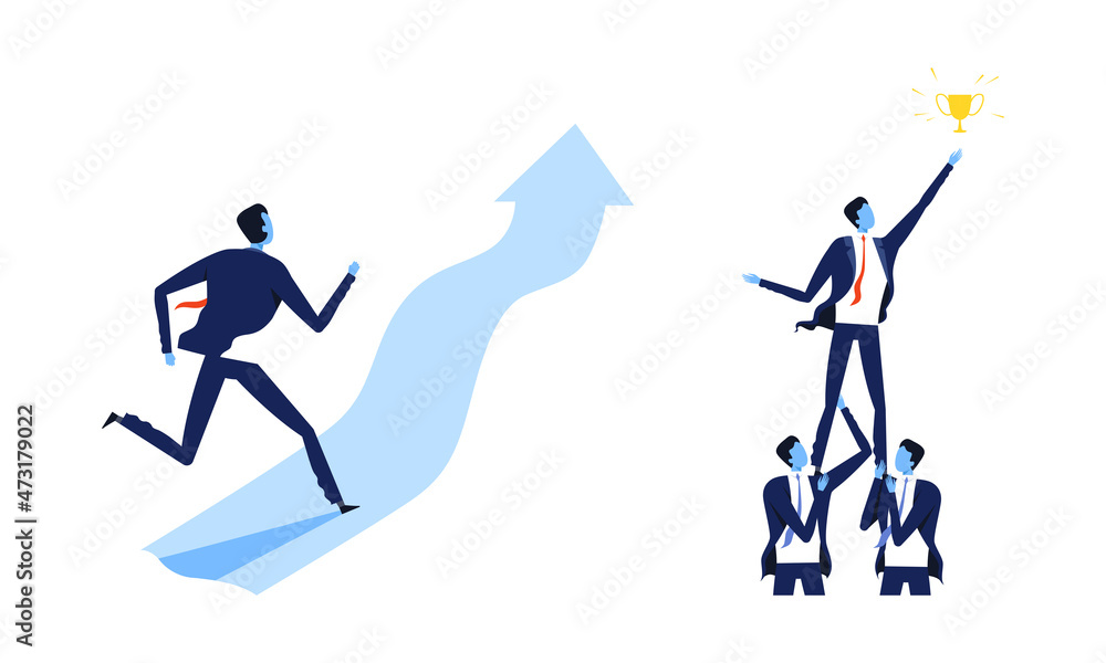 Achieving Goal with Business Man Running Arrow and Raising to Gain Golden Cup Award Vector Set