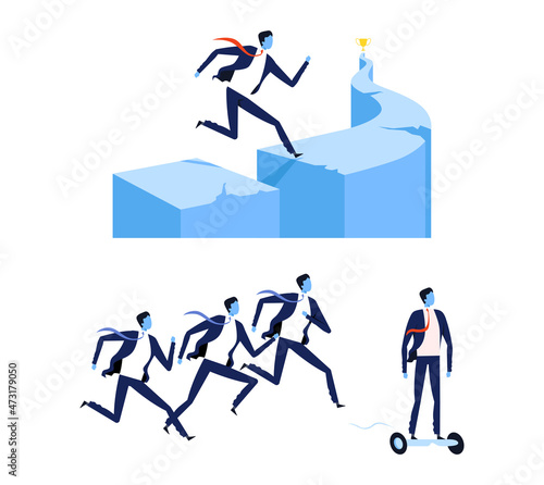 Achieving Goal with Business Man Jumping Over Gap and Riding Hoverboard Vector Set