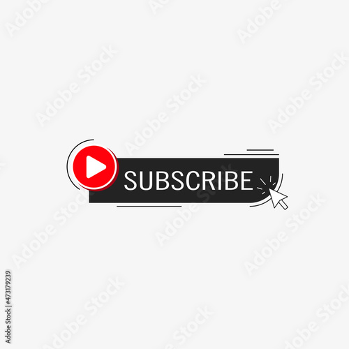 Subscribe, bell button and hand cursor. Red button subscribe to channel, blog. Social media background. Marketing. Vector illustration.