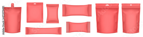 Set of realistic red pouch mockups. Flow pack, sugar stick, sachet, zip bag and doypack. Chocolate bar wrapper. Sheet mask sachet. Ketchup