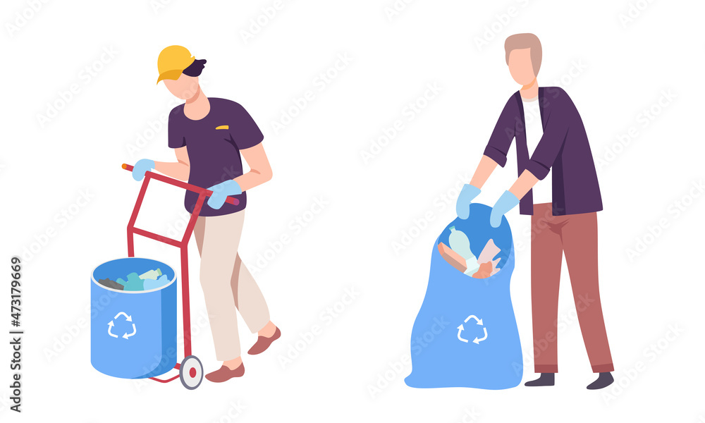 Man Volunteer Gathering Garbage in Bag for Recycle Vector Set Man Volunteer Gathering Garbage in Bag for Recycle Vector Set
