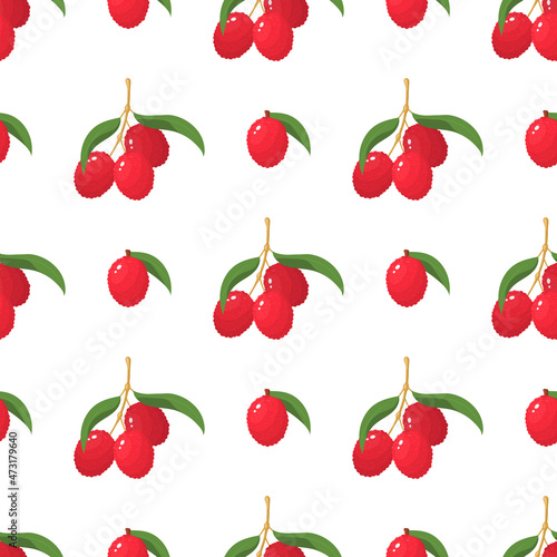 Seamless pattern with fresh bright lychee fruits isolated on white background. Summer fruits for healthy lifestyle. Organic fruit. Cartoon style. Vector illustration for any design.