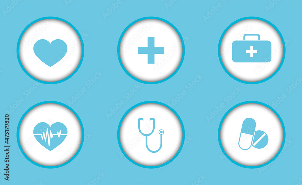 A set of flat round-shaped medical icons, cardiology, heart, diagnostics.