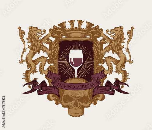 Ornate banner in the form of an ancient coat of arms with a glass of wine, a crown, lions, ribbons, a human skull and the words In vino veritas. Hand-drawn vector illustration in retro style