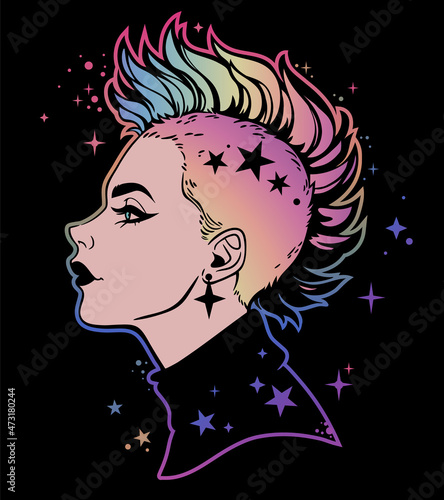Retro disco girl face with punk hair style
