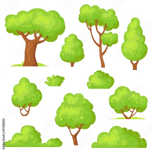 Cartoon hedge set. Garden park green bushes, gardening plants with flowers, forest vegetation, trees bush shrub with branch, elements bushs for casual game, hedges neat vector design