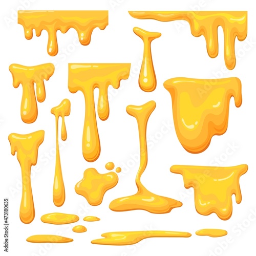 Cartoon honey drip. Delicious drips melting liquid, syrup yellow drops splashes, dripping orange droplet caramel, flow droplets sweet natural product, neat design vector illustration