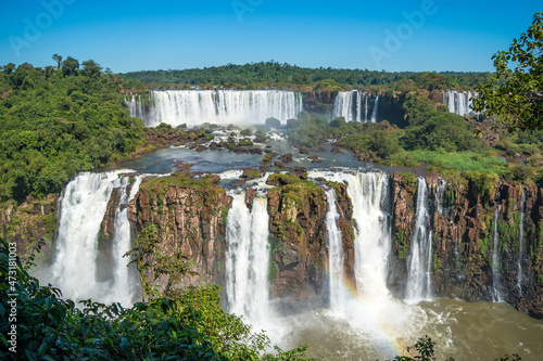 Beautiful view of a large waterfall at Iguazu Falls from brazilian side  one of the Seven Natural Wonders of the World - Foz do Igua  u  Brazil