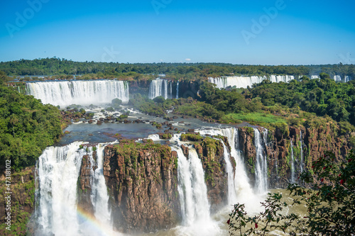 Beautiful view of a large waterfall at Iguazu Falls from brazilian side, one of the Seven Natural Wonders of the World - Foz do Iguaçu, Brazil