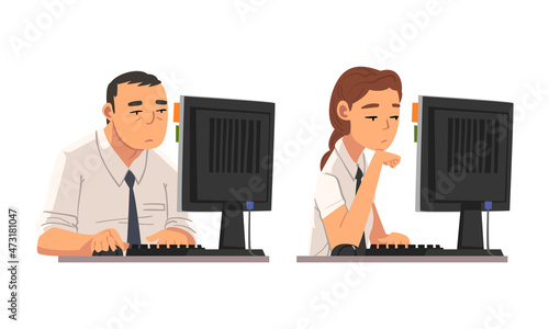 Tired Man and Woman in Front of Computer Screen Doing Work Routine in the Office Vector Set