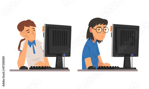 Tired Woman in Front of Computer Screen Doing Work Routine in the Office Vector Set