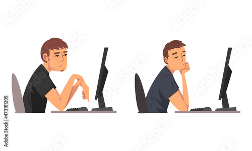 Tired Man in Front of Computer Screen Doing Work Routine in the Office Vector Set