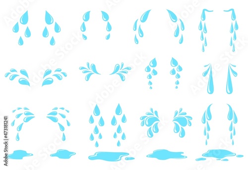 Cartoon sweat tear. Cry tears drops, puddle water droplets, drip falling drop, simple raindrop, watery eyes expression despair, neat isolated icon vector illustration