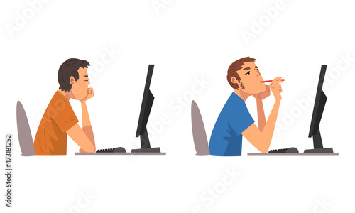 Tired Man in Front of Computer Screen Doing Work Routine in the Office Vector Set