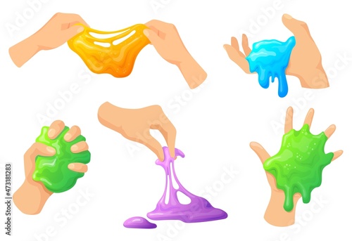 Hand holding slime. Homemade kids toy mucus between fingers hands, sticky slimy colorful funny glue, childish rainbow squeeze snail, neat cartoon vector illustration