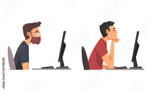 Tired Man in Front of Computer Screen Doing Work Routine in the Office Vector Set