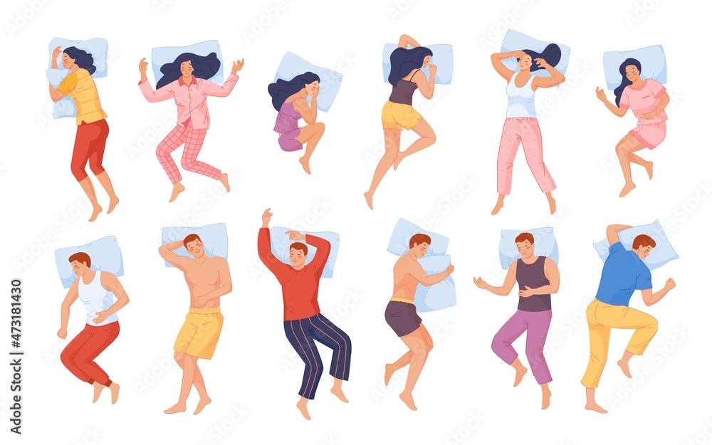 Vettoriale Stock People sleeping poses. Woman man sleep position in bed,  person posture top view, girl lying side hug pillow, body fetal pose,  healthy back, night dream | Adobe Stock