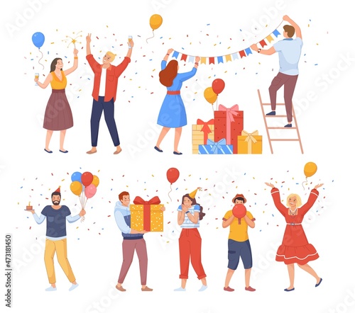 People prepare to birthday. Celebrate holiday party with garlands balloons champagne confetti cake, present gift box, happy congratulation, swanky isolated vector illustration