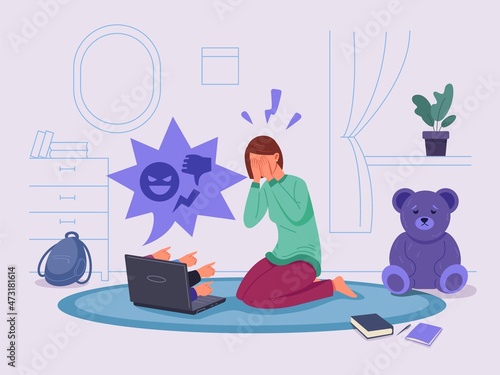 Cyber bullying. Social media cyberbully, computer troll online, abuse shaming girl, school hater attack child, internet violence, depressed woman crying cell, garish vector illustration