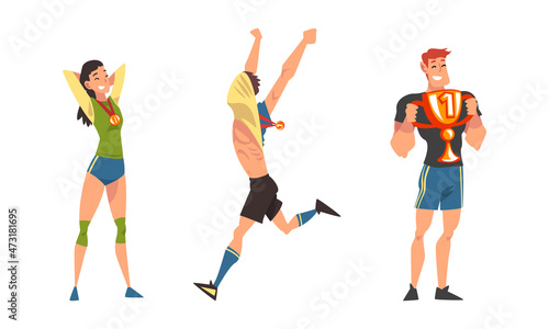 People Character Sport Winner and Champion Standing and Holding Award and Prize Vector Set
