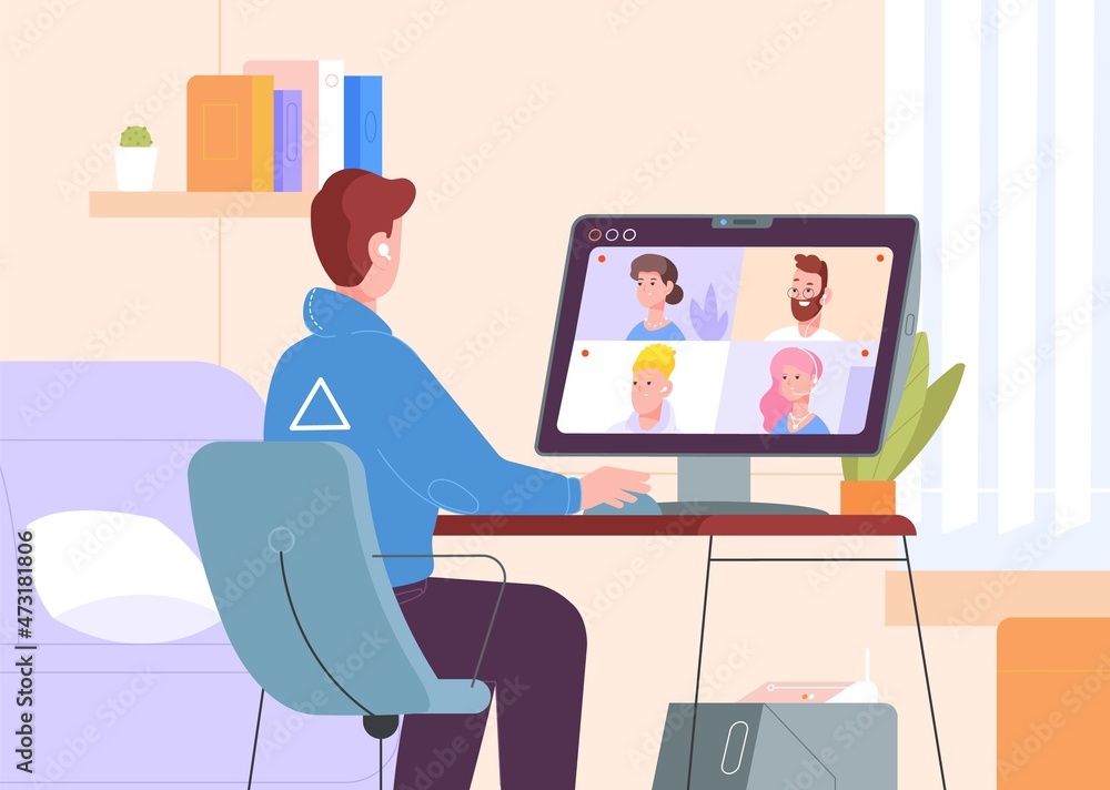 Videoconference on computer. Video call from home to office, group people communicate at virtual online conference web screen, remote work chat in zoom, splendid vector illustration Videoconference on computer. Video call from home to office, group people communicate at virtual online conference web screen, remote work chat in zoom, splendid vector illustration