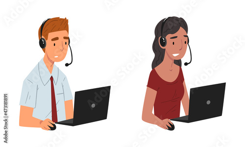 Operator of Call Center Office Sitting in Front of Laptop Working in Headphones Vector Set