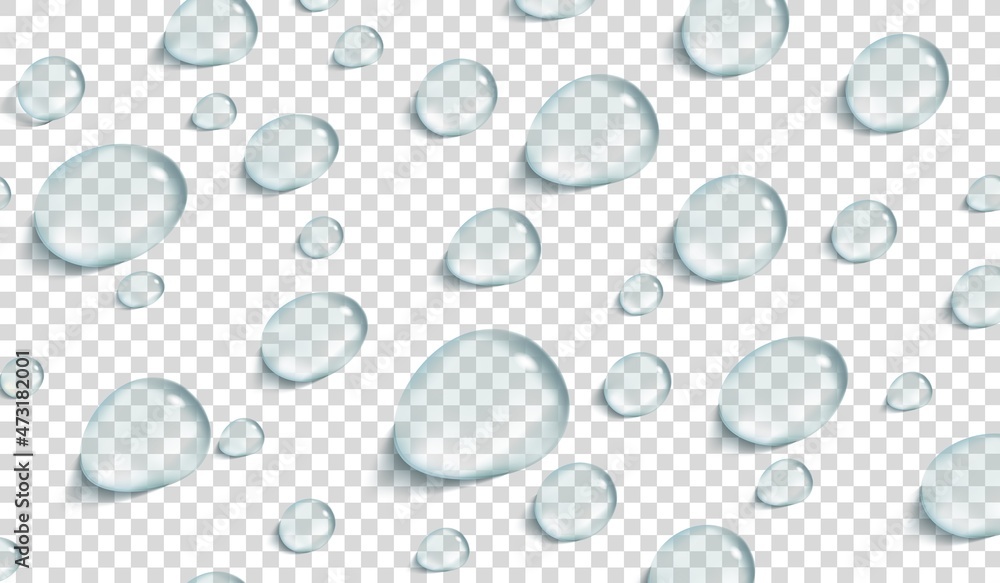 Clear round waterdrops. Realistic transparent water drops with shadow, isolated droplet view top, rain effect 3d glass ball, round spray fresh liquid, white tidy vector illustration