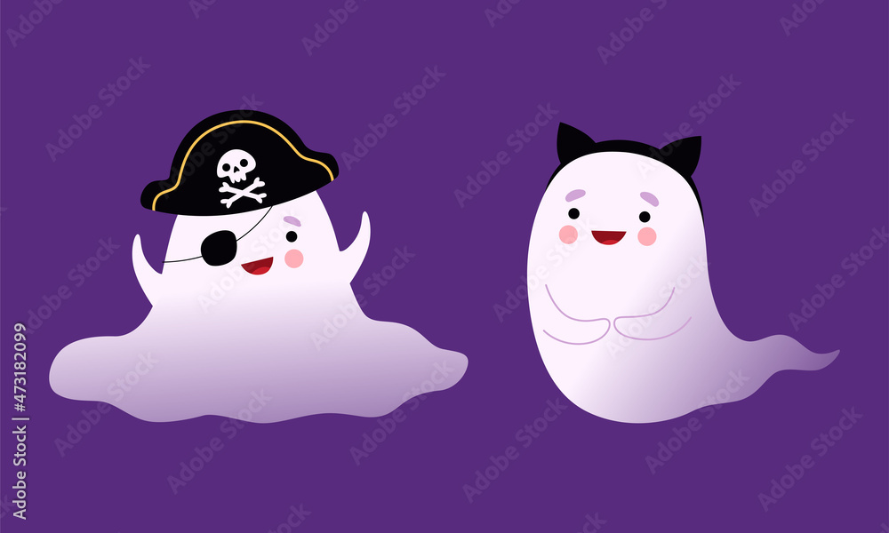 Cute Ghost with Smiling Face in Pirate Hat and Eye Patch Vector Set Cute Ghost with Smiling Face in Pirate Hat and Eye Patch Vector Set