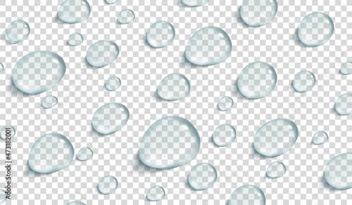 Clear round waterdrops. Realistic transparent water drops with shadow, isolated droplet view top, rain effect 3d glass ball, round spray fresh liquid, white tidy vector illustration photo