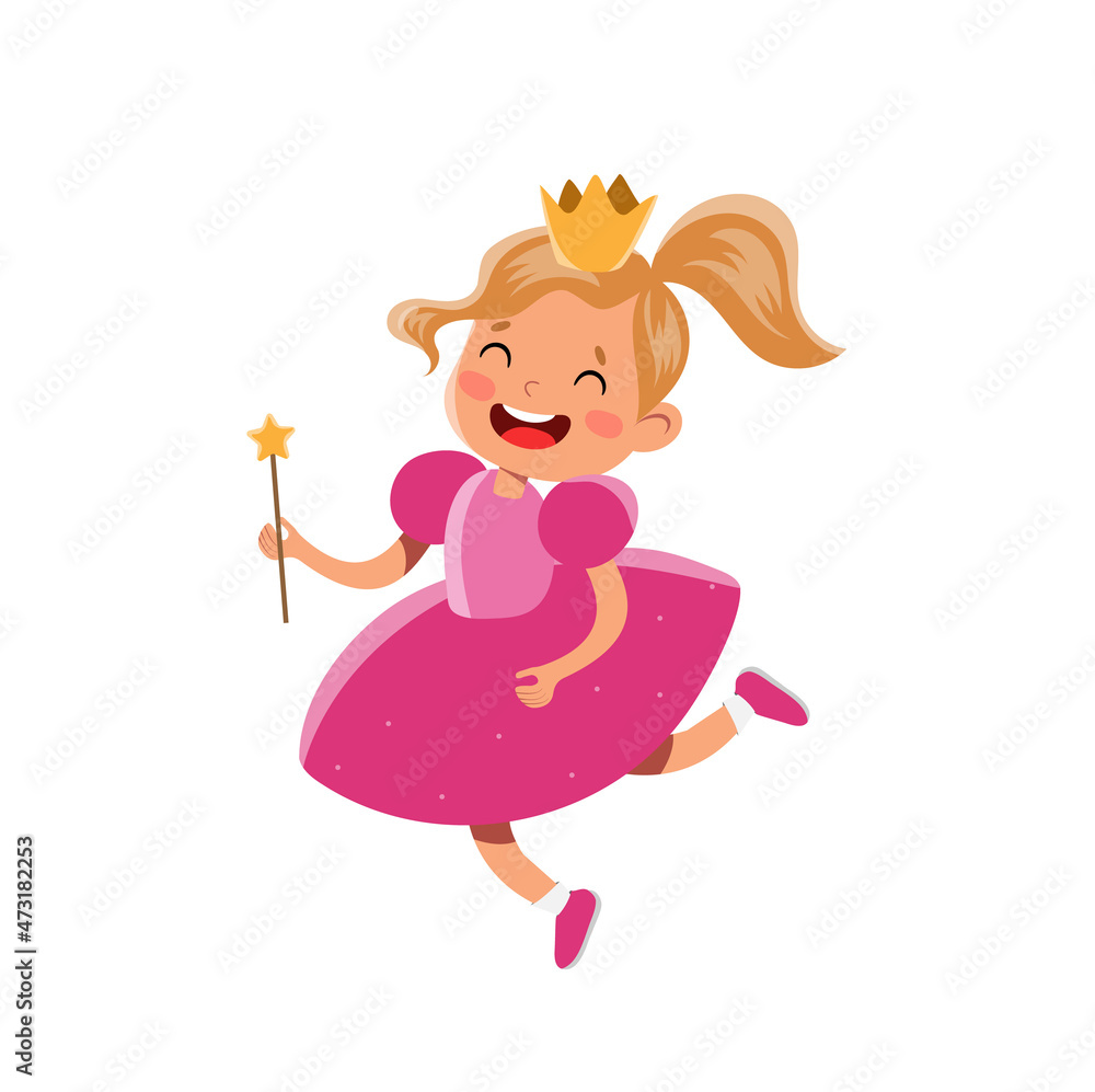 Vector girl pink dress princess costume magic wand