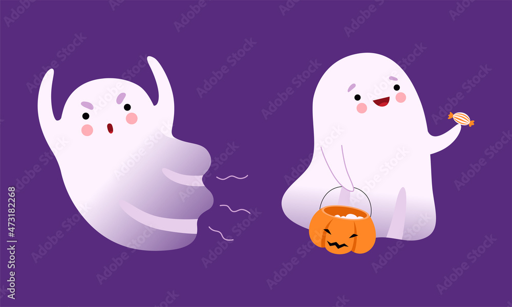 Cute Ghost with Smiling Face Carrying Pumpkin with Sweets and Flying Vector Set Cute Ghost with Smiling Face Carrying Pumpkin with Sweets and Flying Vector Set