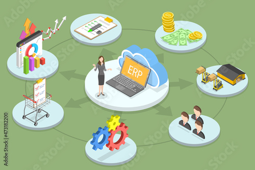 3D Isometric Flat Vector Conceptual Illustration of Cloud ERP, Enterprise Resource Planning Software