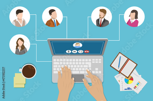 Flat Vector Conceptual Illustration of Remote Work, Distributed Professional Business Team photo