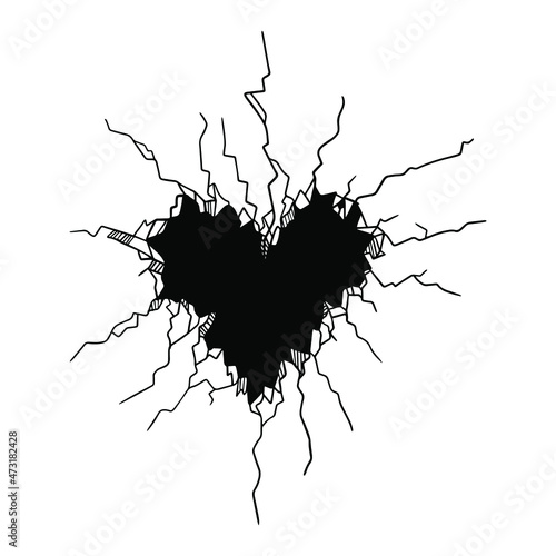 wall crack image, cracked ground form of a heart,illustration bw,broken, love is cracked, vector clipart