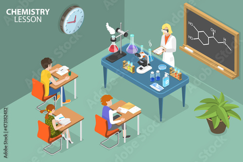 3D Isometric Flat Vector Conceptual Illustration of Chemistry Lesson, School Science Laboratory Research