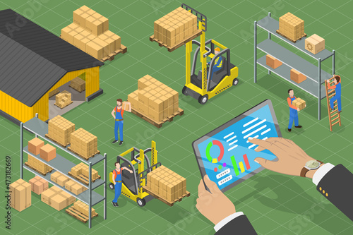 3D Isometric Flat Vector Conceptual Illustration of Warehouse Management Software , Automation in Logistics