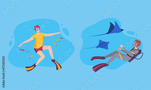 Young Man Character in Goggles and Flippers Sea Diving and Floating Underwater Vector Set