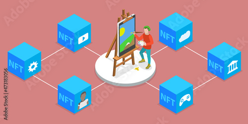 3D Isometric Flat Vector Conceptual Illustration of Non-Fungible Token, NFT with Blockchain Technology